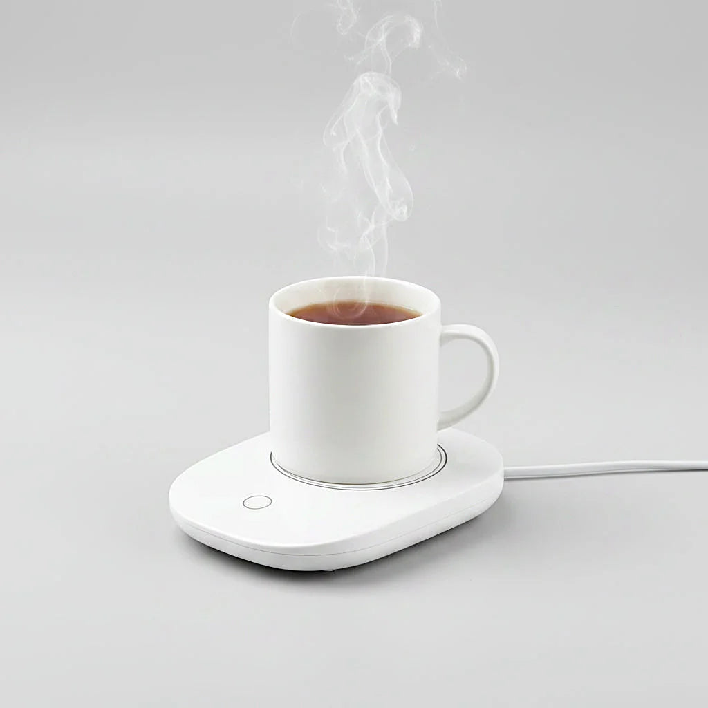 A white electric mug warmer holding a white ceramic mug filled with tea, with steam rising, on a light gray background.