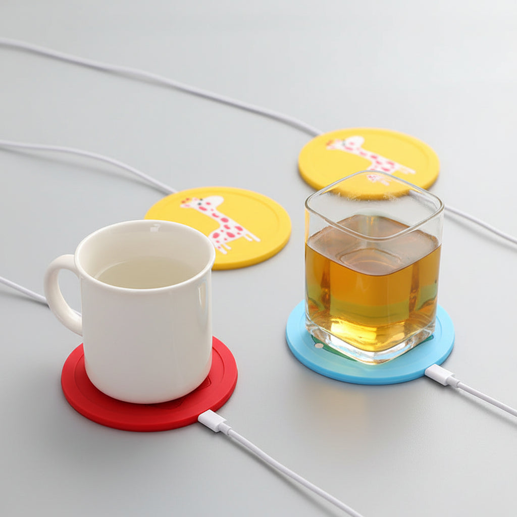 Desk setup with a laptop, cup, and glass of yellow liquid on colorful coasters.