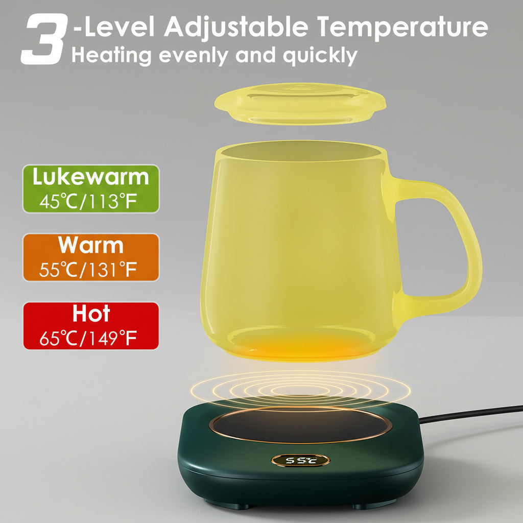 Yellow mug on a heating pad with temperature level indicators on a dark background