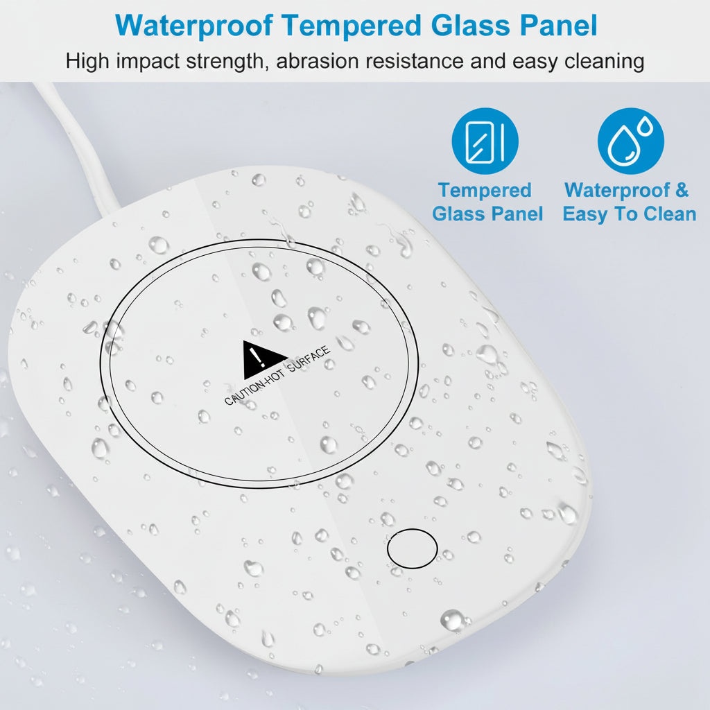 Waterproof tempered glass panel with water droplets on a light gray background