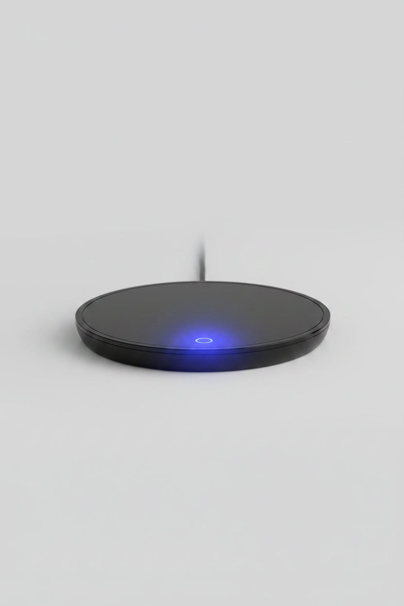 Round black object with a blue light on a beige surface