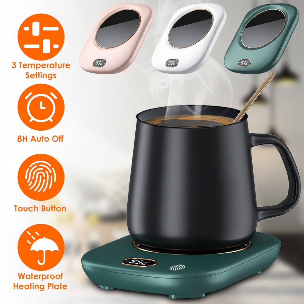 Black mug on a green heating plate with product features highlighted
