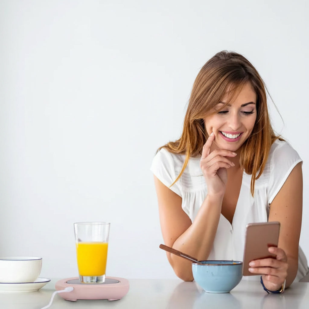 Woman using a smartphone in a kitchen with a glass of orange juice and a bowl on the table.