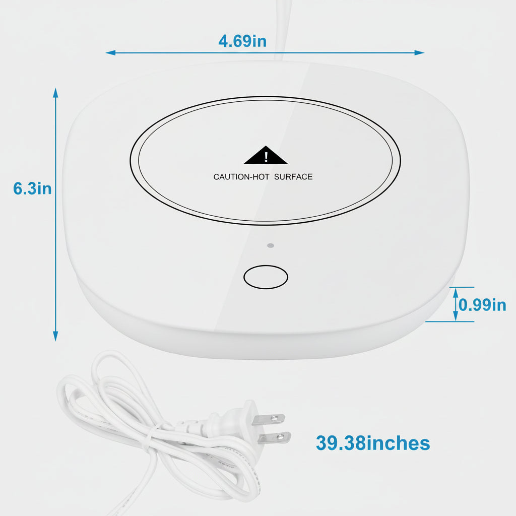 White round heating pad with dimensions labeled on a white background