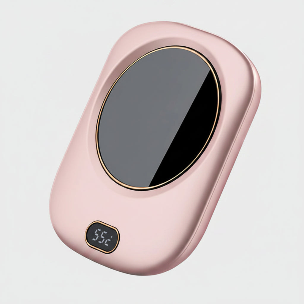 Pink handheld electronic device with digital display on a white background