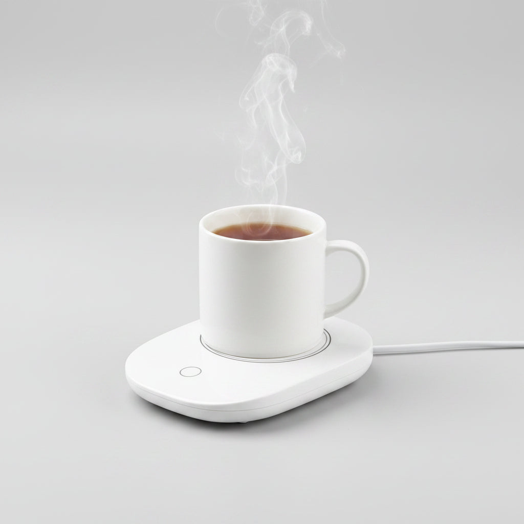 A white electric mug warmer holding a white ceramic mug filled with tea, with steam rising, on a light gray background.