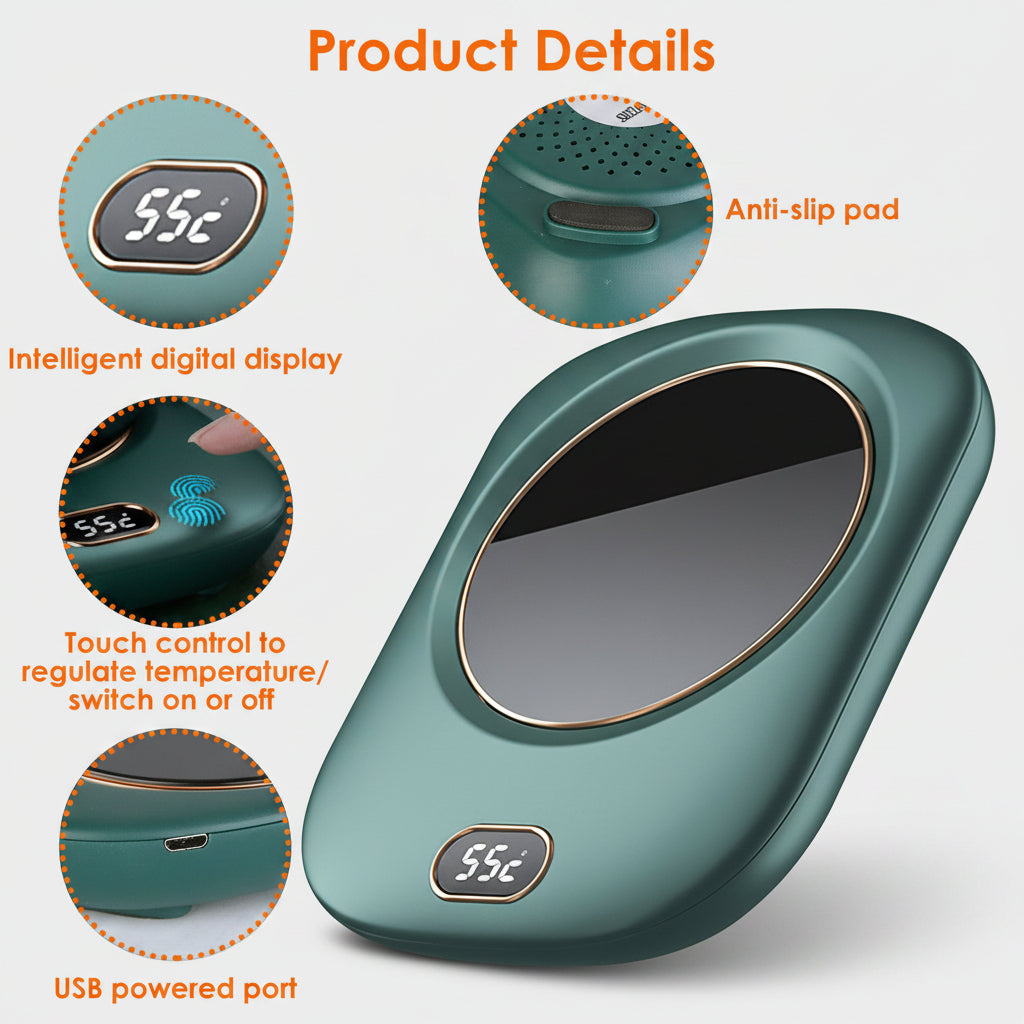 Green handheld device with digital display and various features highlighted
